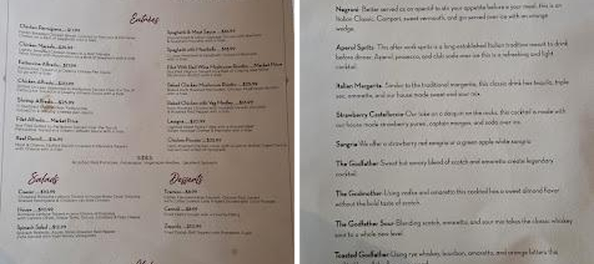 Castelluccio Fine Italian Dining Menu